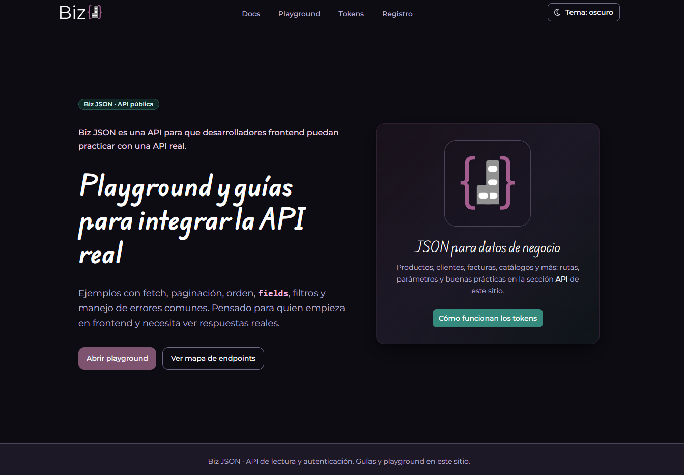 Interfaz y documentación de Biz JSON